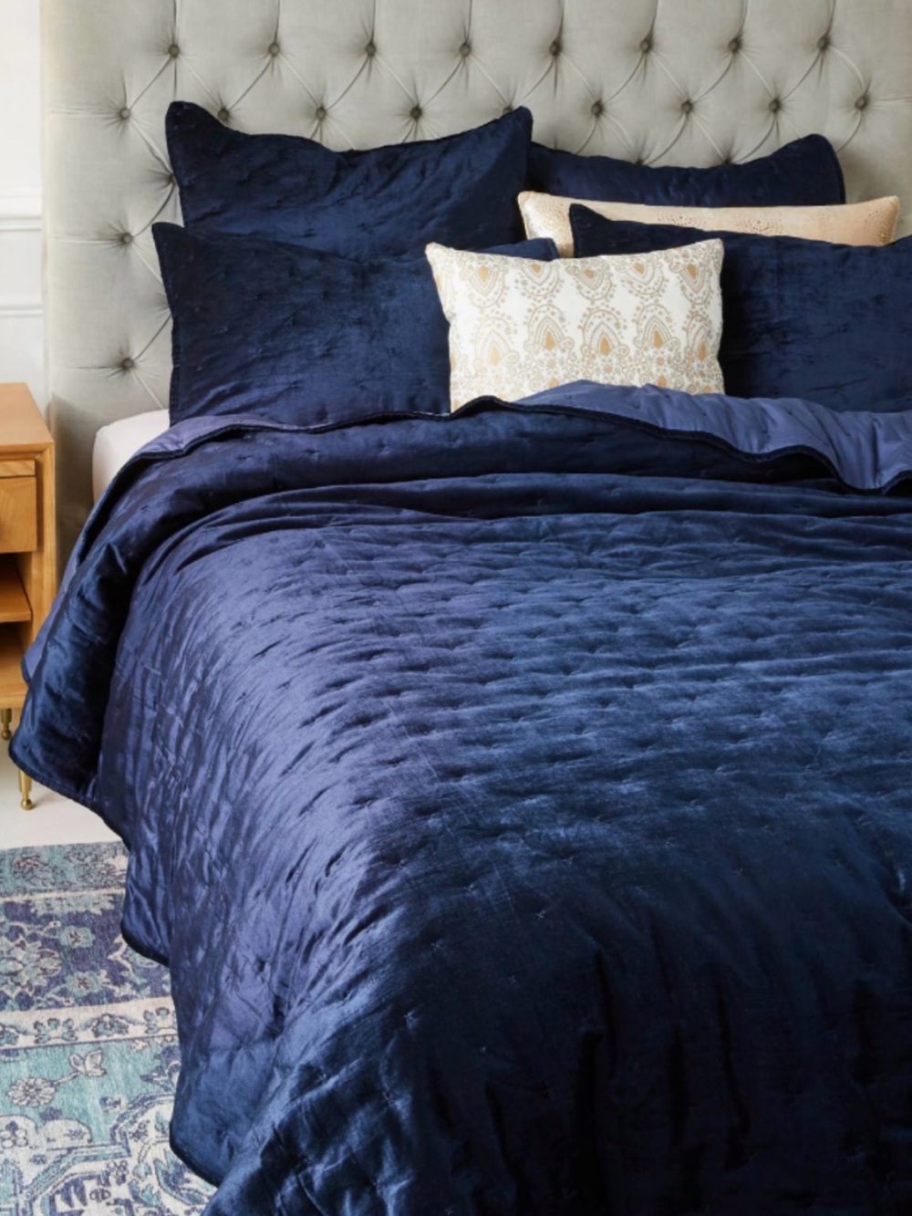 Anthropologie Midnight Blue Velvet Quilt 
PLUS Euro & Standard Shams Set